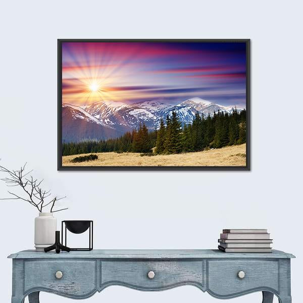 Sunset In The Mountains Landscape Canvas Wall Art-1 Piece-Floating Frame-24" x 16"-Tiaracle