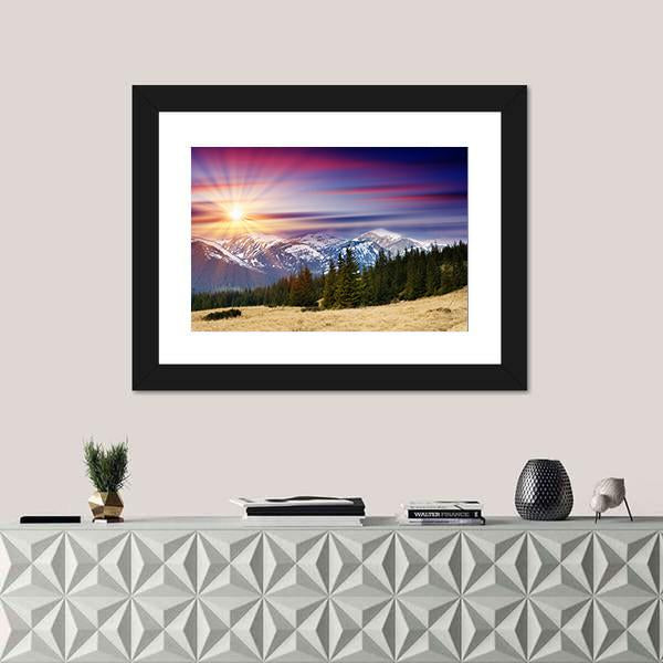Sunset In The Mountains Landscape Canvas Wall Art-1 Piece-Framed Print-20" x 16"-Tiaracle