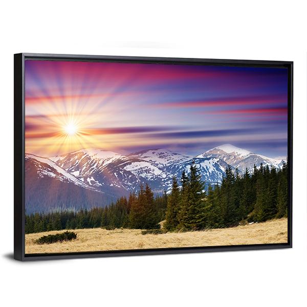 Sunset In The Mountains Landscape Canvas Wall Art-3 Horizontal-Gallery Wrap-25" x 16"-Tiaracle