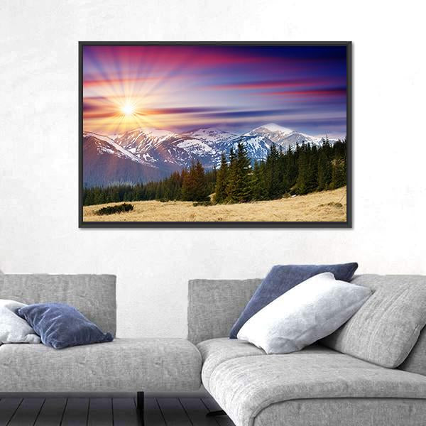Sunset In The Mountains Landscape Canvas Wall Art-3 Horizontal-Gallery Wrap-25" x 16"-Tiaracle