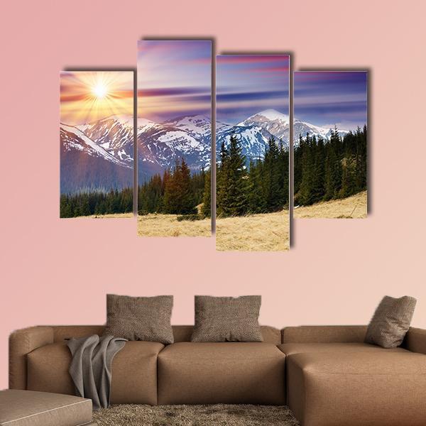 Sunset In The Mountains Landscape Canvas Wall Art-4 Pop-Gallery Wrap-50" x 32"-Tiaracle