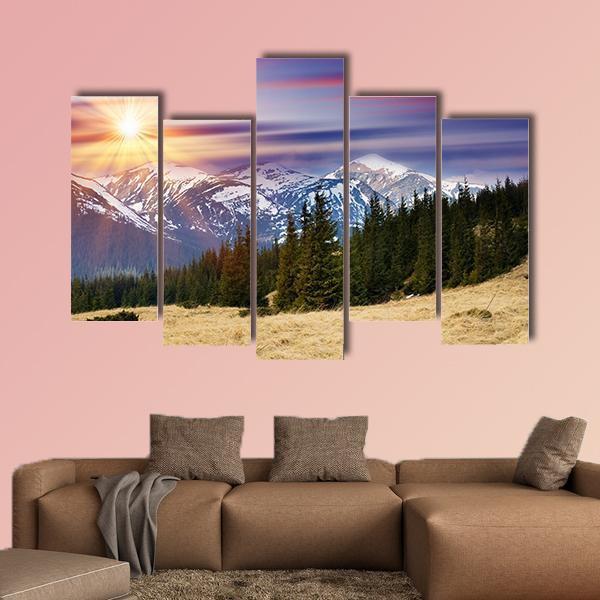 Sunset In The Mountains Landscape Canvas Wall Art-5 Pop-Gallery Wrap-47" x 32"-Tiaracle