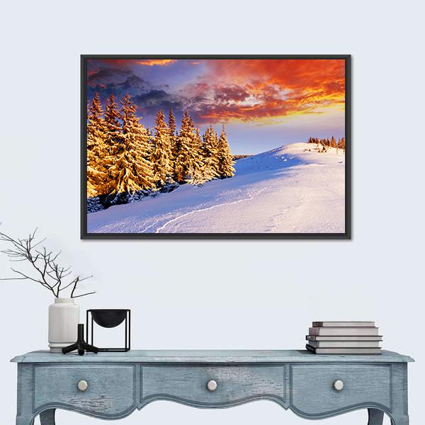 Sunset In The Winter Mountains Canvas Wall Art-1 Piece-Floating Frame-24" x 16"-Tiaracle