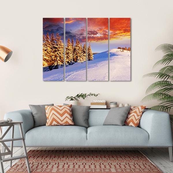 Sunset In The Winter Mountains Canvas Wall Art-4 Horizontal-Gallery Wrap-34" x 24"-Tiaracle