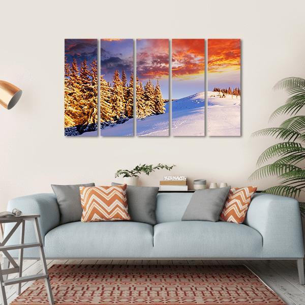 Sunset In The Winter Mountains Canvas Wall Art-5 Horizontal-Gallery Wrap-22" x 12"-Tiaracle