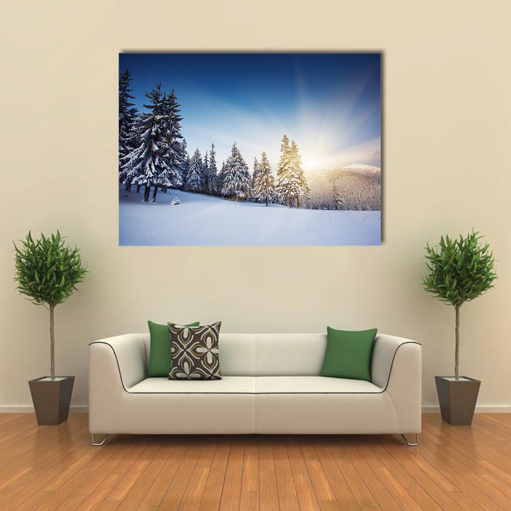 Sunset In The Winter Mountains Landscape Canvas Wall Art-1 Piece-Gallery Wrap-36" x 24"-Tiaracle