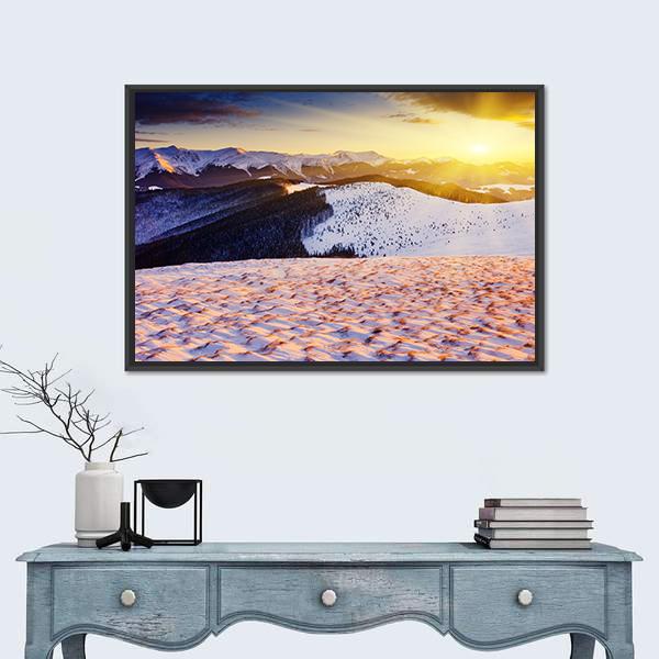 Sunset In The Winter Mountains Landscape Canvas Wall Art-1 Piece-Floating Frame-24&quot; x 16&quot;-Tiaracle