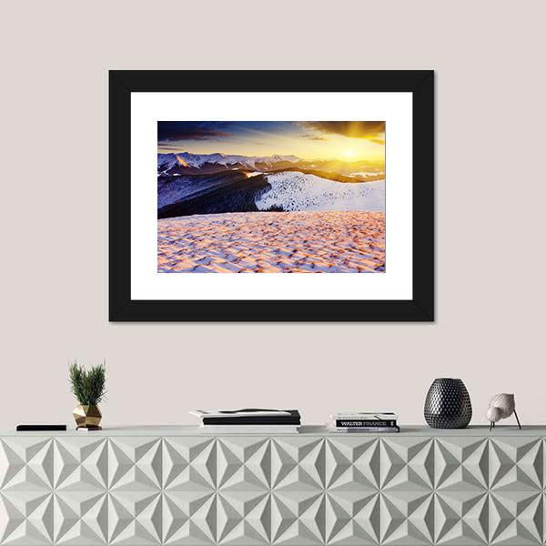 Sunset In The Winter Mountains Landscape Canvas Wall Art-1 Piece-Framed Print-20" x 16"-Tiaracle
