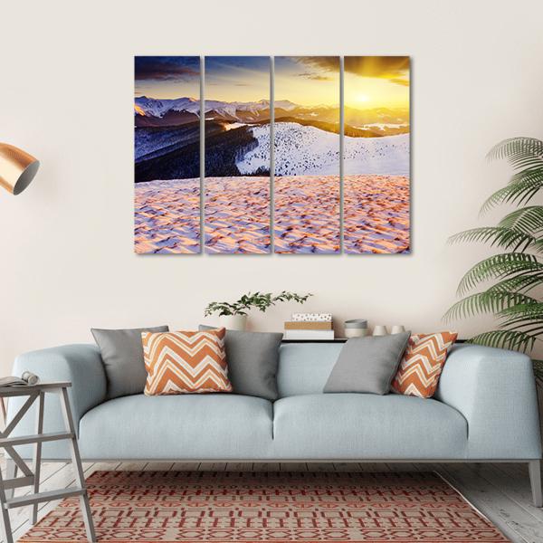 Sunset In The Winter Mountains Landscape Canvas Wall Art-4 Horizontal-Gallery Wrap-34" x 24"-Tiaracle