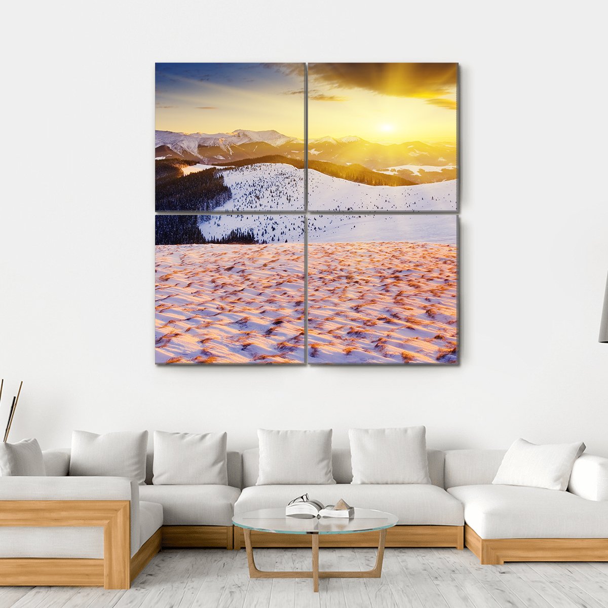 Sunset In The Winter Mountains Landscape Canvas Wall Art-4 Square-Gallery Wrap-17" x 17"-Tiaracle