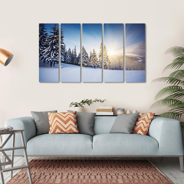 Sunset In The Winter Mountains Landscape Canvas Wall Art-5 Horizontal-Gallery Wrap-22" x 12"-Tiaracle