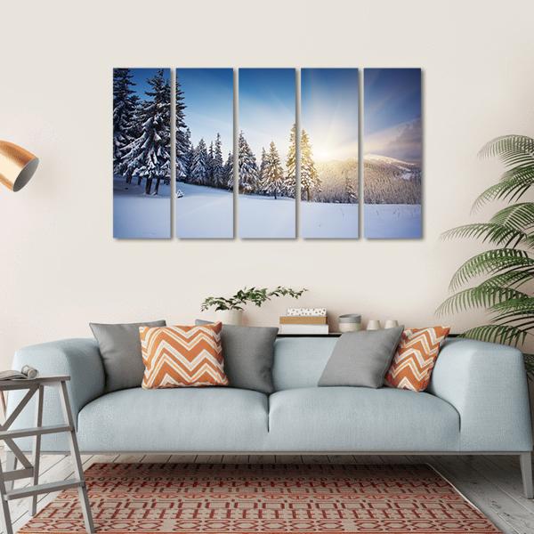 Sunset In The Winter Mountains Landscape Canvas Wall Art-4 Horizontal-Gallery Wrap-34" x 24"-Tiaracle