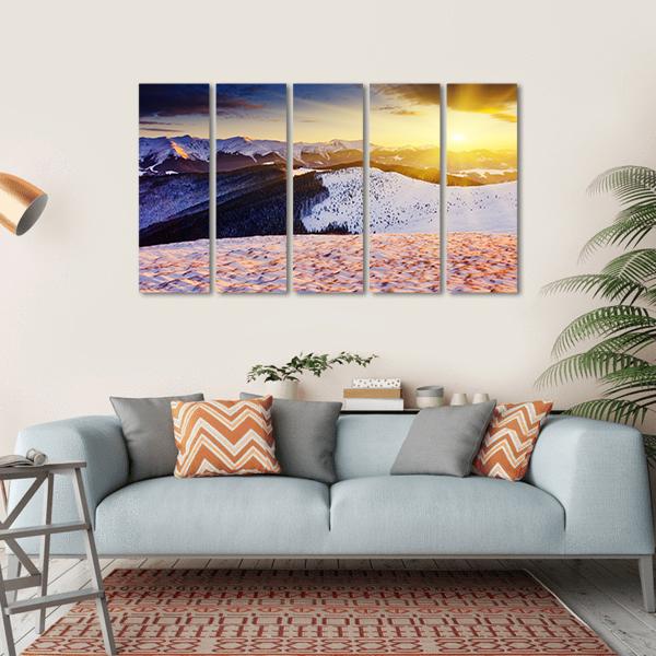 Sunset In The Winter Mountains Landscape Canvas Wall Art-5 Horizontal-Gallery Wrap-22" x 12"-Tiaracle