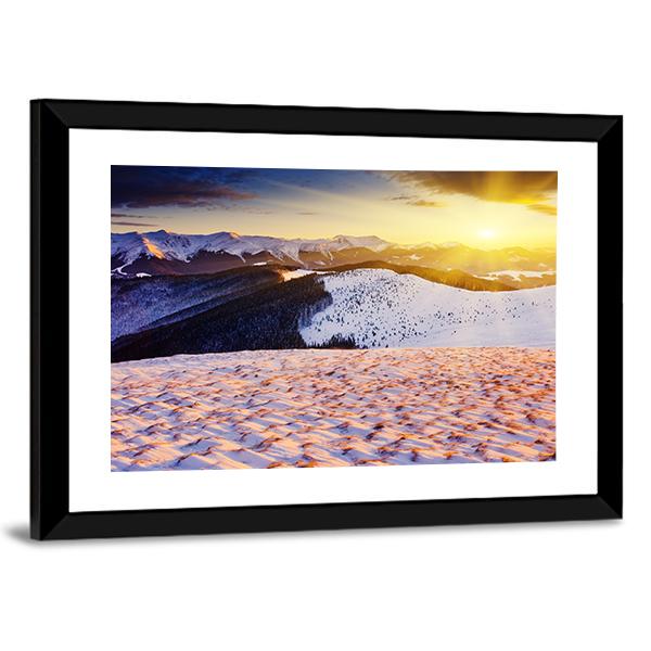 Sunset In The Winter Mountains Landscape Canvas Wall Art-3 Horizontal-Gallery Wrap-25&quot; x 16&quot;-Tiaracle