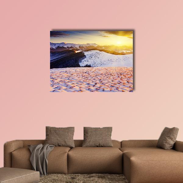 Sunset In The Winter Mountains Landscape Canvas Wall Art-1 Piece-Gallery Wrap-48" x 32"-Tiaracle