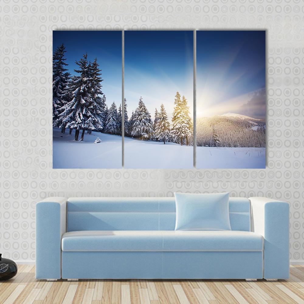 Sunset In The Winter Mountains Landscape Canvas Wall Art-3 Horizontal-Gallery Wrap-37" x 24"-Tiaracle