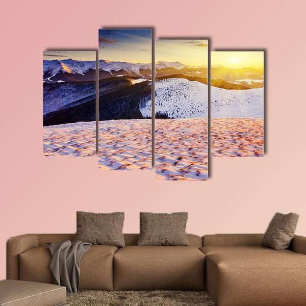 Sunset In The Winter Mountains Landscape Canvas Wall Art-4 Pop-Gallery Wrap-50&quot; x 32&quot;-Tiaracle