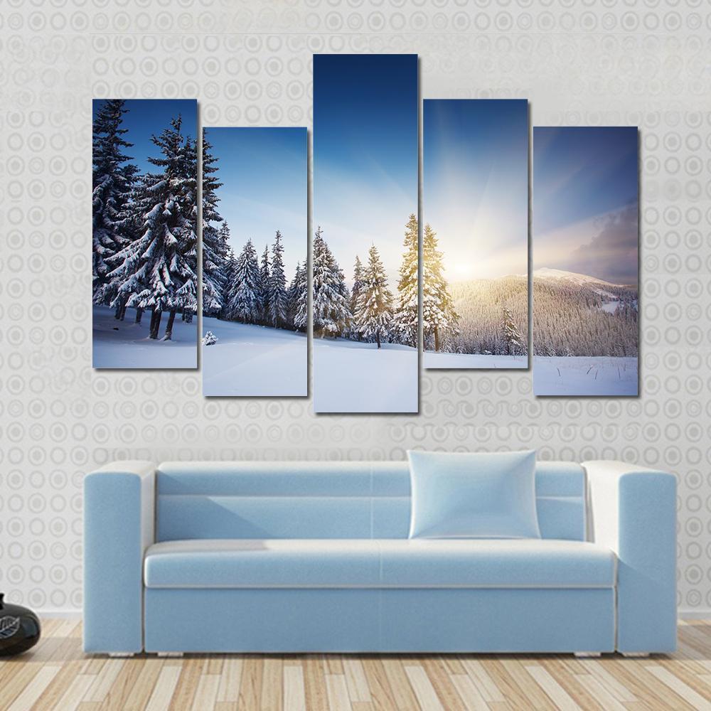 Sunset In The Winter Mountains Landscape Canvas Wall Art-3 Horizontal-Gallery Wrap-37" x 24"-Tiaracle