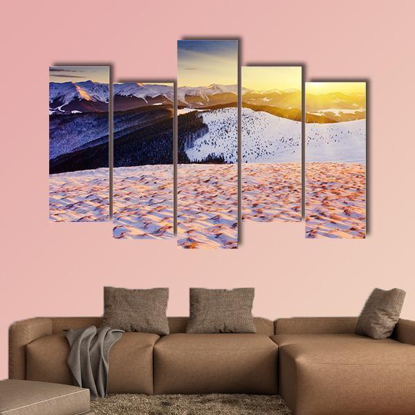 Sunset In The Winter Mountains Landscape Canvas Wall Art-5 Pop-Gallery Wrap-47" x 32"-Tiaracle