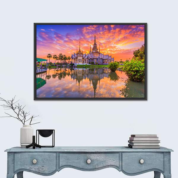 Sunset In Wat Thai Temple Canvas Wall Art-1 Piece-Floating Frame-24" x 16"-Tiaracle