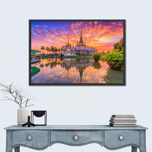 Sunset In Wat Thai Temple Canvas Wall Art-1 Piece-Floating Frame-24" x 16"-Tiaracle