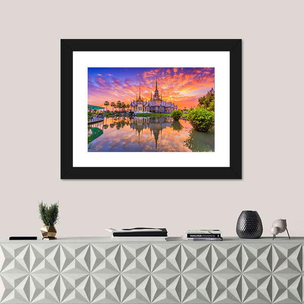 Sunset In Wat Thai Temple Canvas Wall Art-1 Piece-Framed Print-20" x 16"-Tiaracle