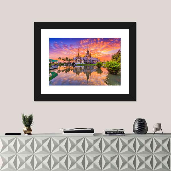 Sunset In Wat Thai Temple Canvas Wall Art-1 Piece-Framed Print-20" x 16"-Tiaracle
