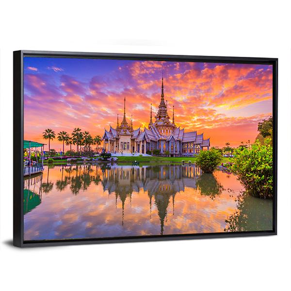 Sunset In Wat Thai Temple Canvas Wall Art-3 Horizontal-Gallery Wrap-25" x 16"-Tiaracle