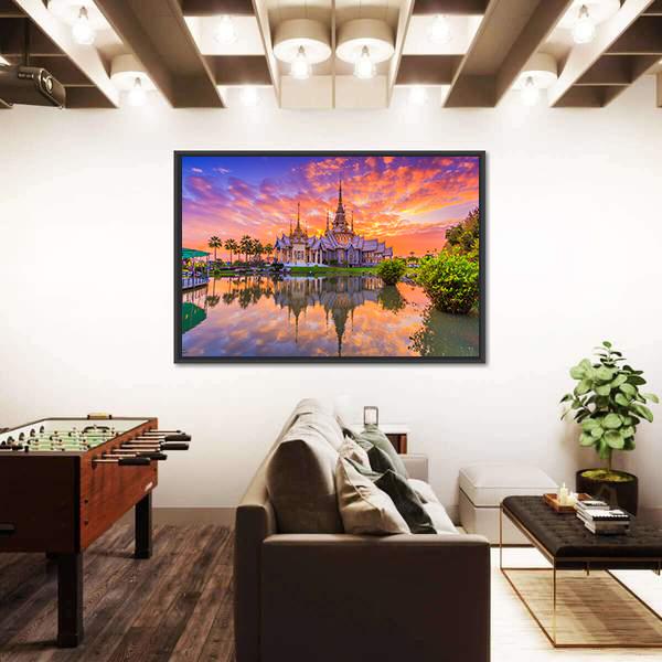 Sunset In Wat Thai Temple Canvas Wall Art-3 Horizontal-Gallery Wrap-25" x 16"-Tiaracle