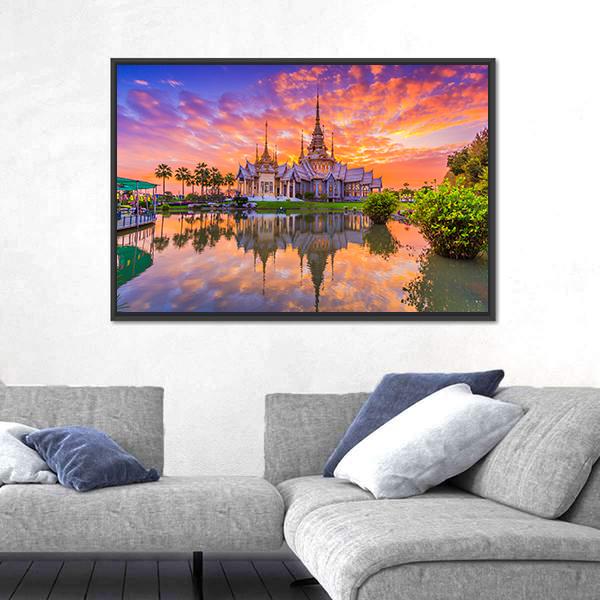 Sunset In Wat Thai Temple Canvas Wall Art-3 Horizontal-Gallery Wrap-25" x 16"-Tiaracle