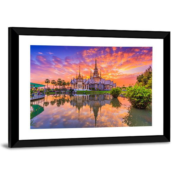 Sunset In Wat Thai Temple Canvas Wall Art-3 Horizontal-Gallery Wrap-25" x 16"-Tiaracle