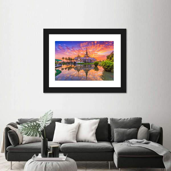 Sunset In Wat Thai Temple Canvas Wall Art-3 Horizontal-Gallery Wrap-25" x 16"-Tiaracle