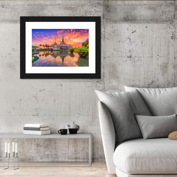 Sunset In Wat Thai Temple Canvas Wall Art-3 Horizontal-Gallery Wrap-25" x 16"-Tiaracle
