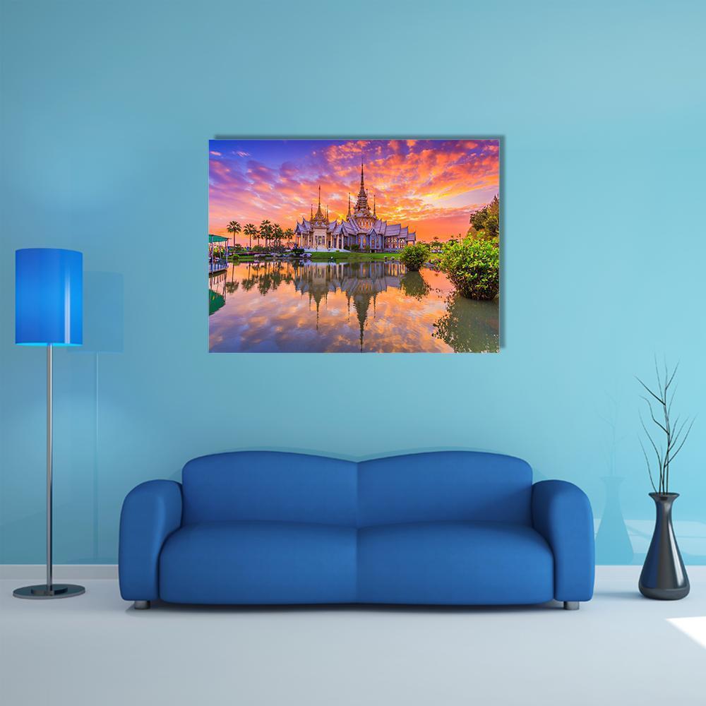 Sunset In Wat Thai Temple Canvas Wall Art-1 Piece-Gallery Wrap-48" x 32"-Tiaracle