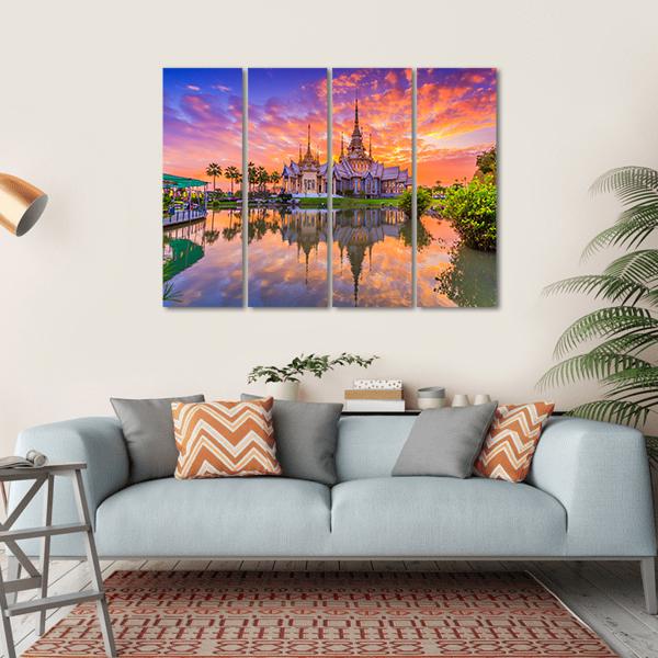 Sunset In Wat Thai Temple Canvas Wall Art-4 Horizontal-Gallery Wrap-34" x 24"-Tiaracle