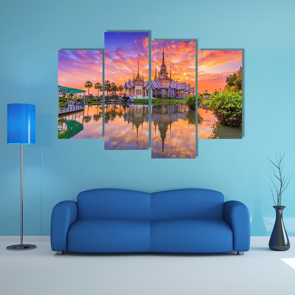 Sunset In Wat Thai Temple Canvas Wall Art-4 Pop-Gallery Wrap-50" x 32"-Tiaracle