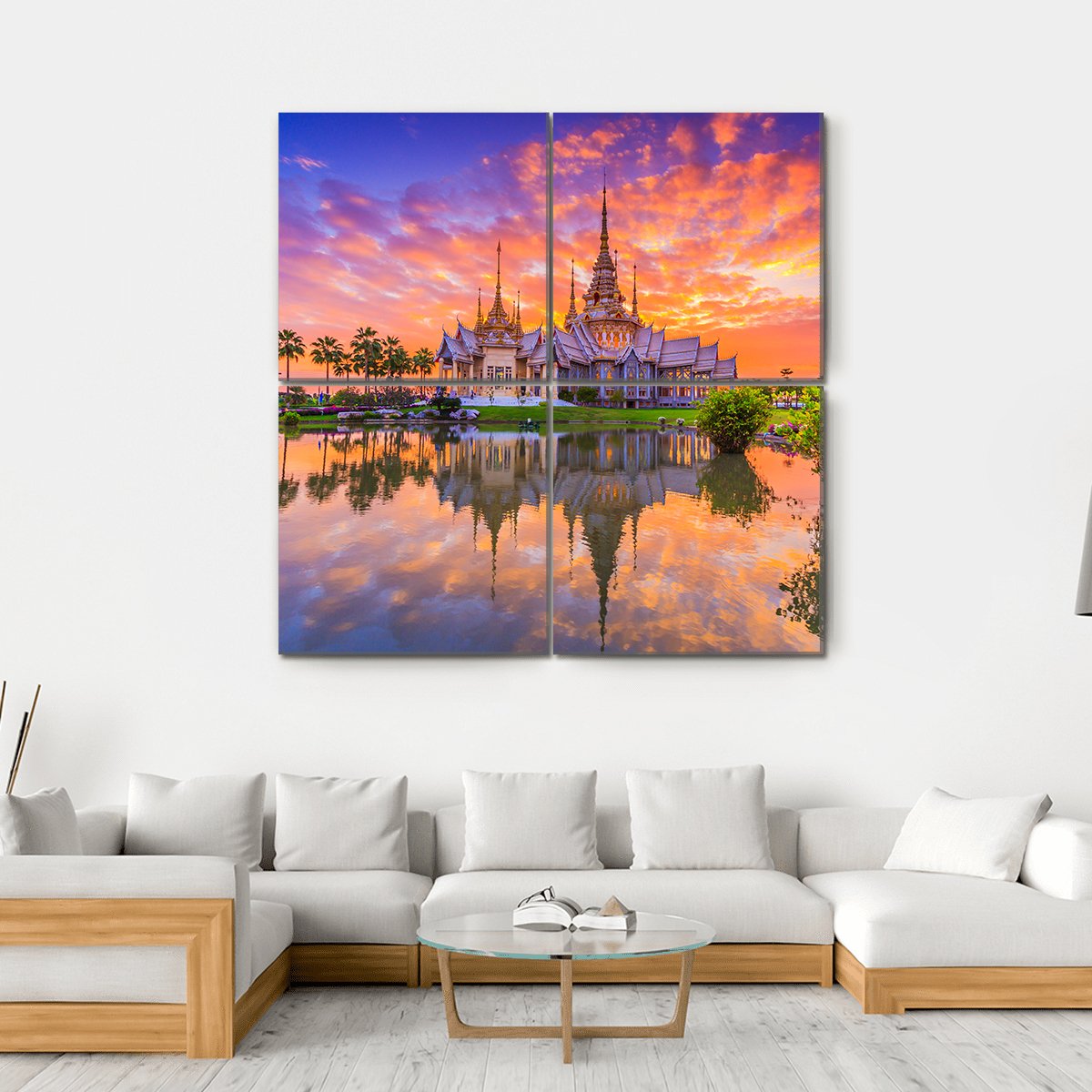 Sunset In Wat Thai Temple Canvas Wall Art-4 Square-Gallery Wrap-17" x 17"-Tiaracle