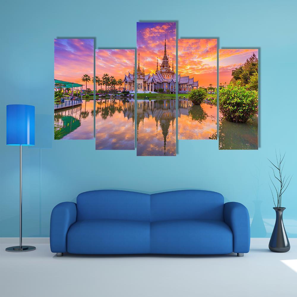 Sunset In Wat Thai Temple Canvas Wall Art-5 Pop-Gallery Wrap-47" x 32"-Tiaracle