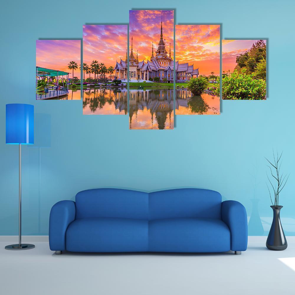 Sunset In Wat Thai Temple Canvas Wall Art-5 Star-Gallery Wrap-62" x 32"-Tiaracle