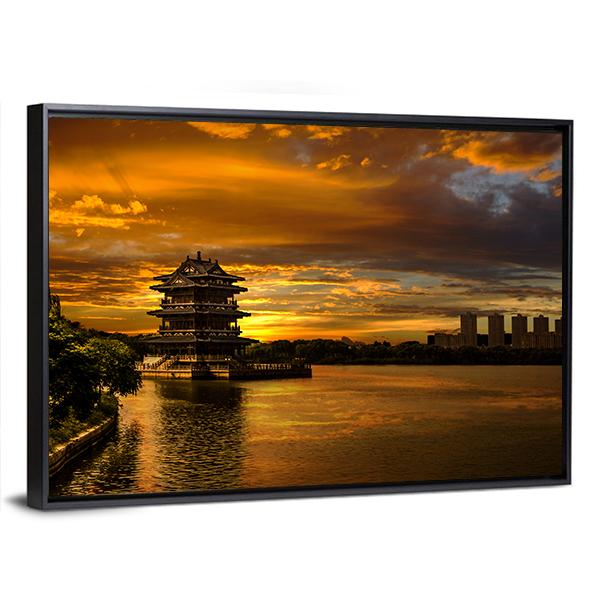 Sunset In Yixing Canvas Wall Art-3 Horizontal-Gallery Wrap-25" x 16"-Tiaracle