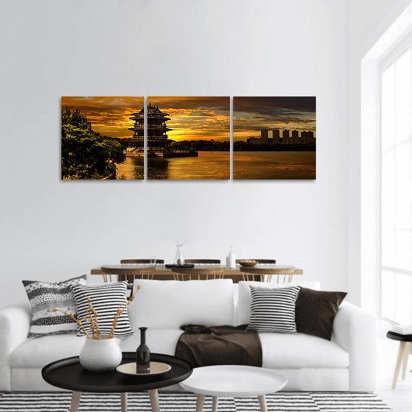 Sunset In Yixing Cityscape Panoramic Canvas Wall Art-3 Piece-25" x 08"-Tiaracle