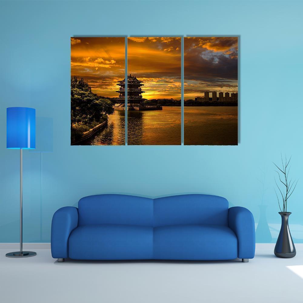 Sunset In Yixing Canvas Wall Art-3 Horizontal-Gallery Wrap-37" x 24"-Tiaracle