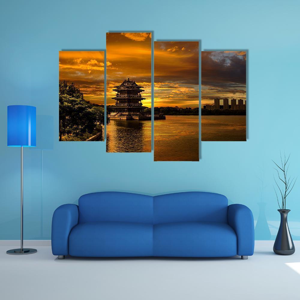 Sunset In Yixing Canvas Wall Art-4 Pop-Gallery Wrap-50" x 32"-Tiaracle
