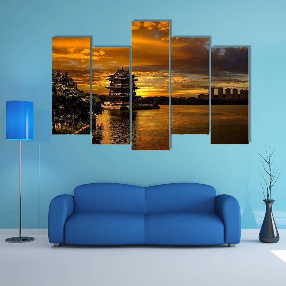 Sunset In Yixing Canvas Wall Art-5 Pop-Gallery Wrap-47" x 32"-Tiaracle