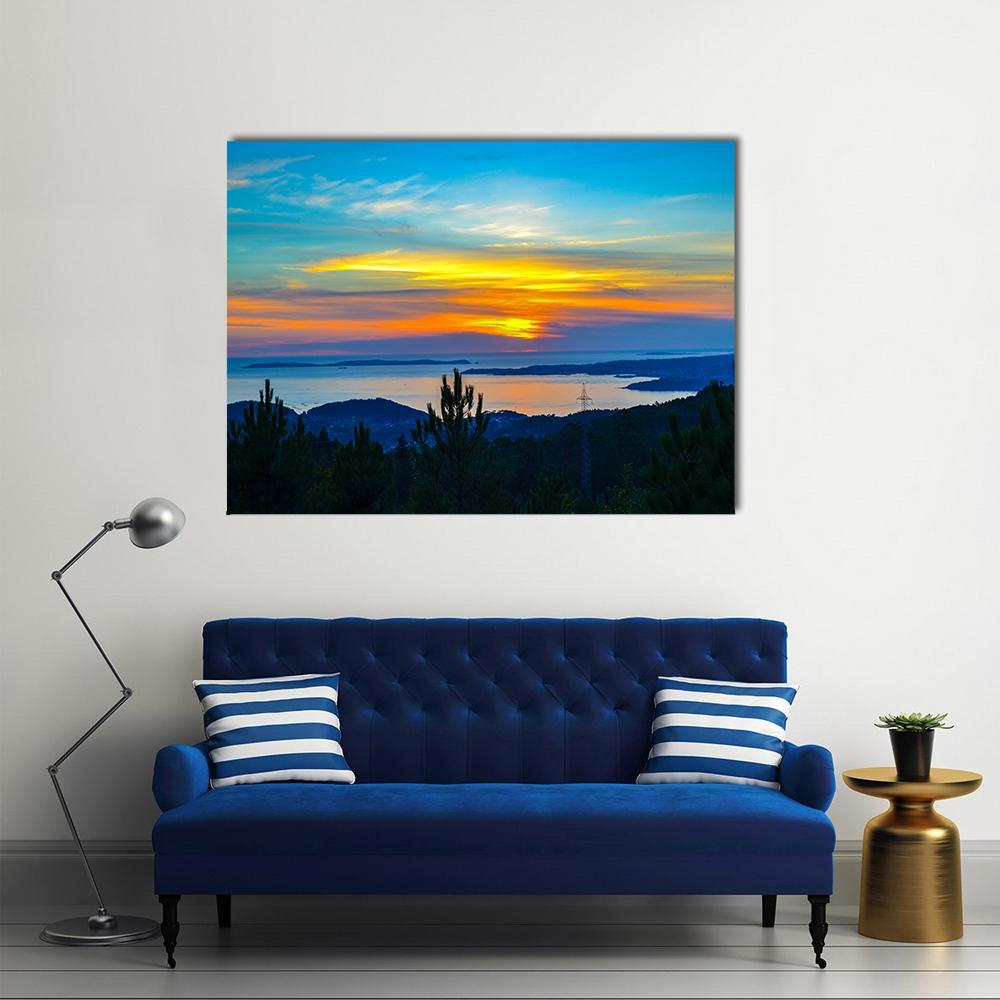 Sunset Near Dark Trees Canvas Wall Art-1 Piece-Gallery Wrap-48" x 32"-Tiaracle