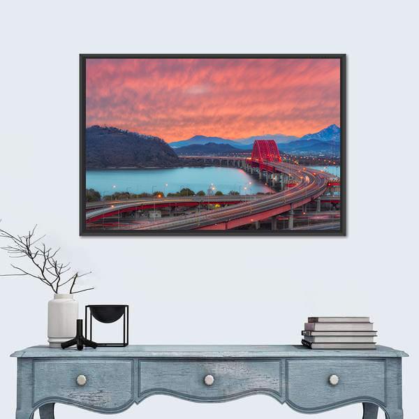 Sunset Of Banghwa Bridge At Seoul Canvas Wall Art-1 Piece-Floating Frame-24" x 16"-Tiaracle
