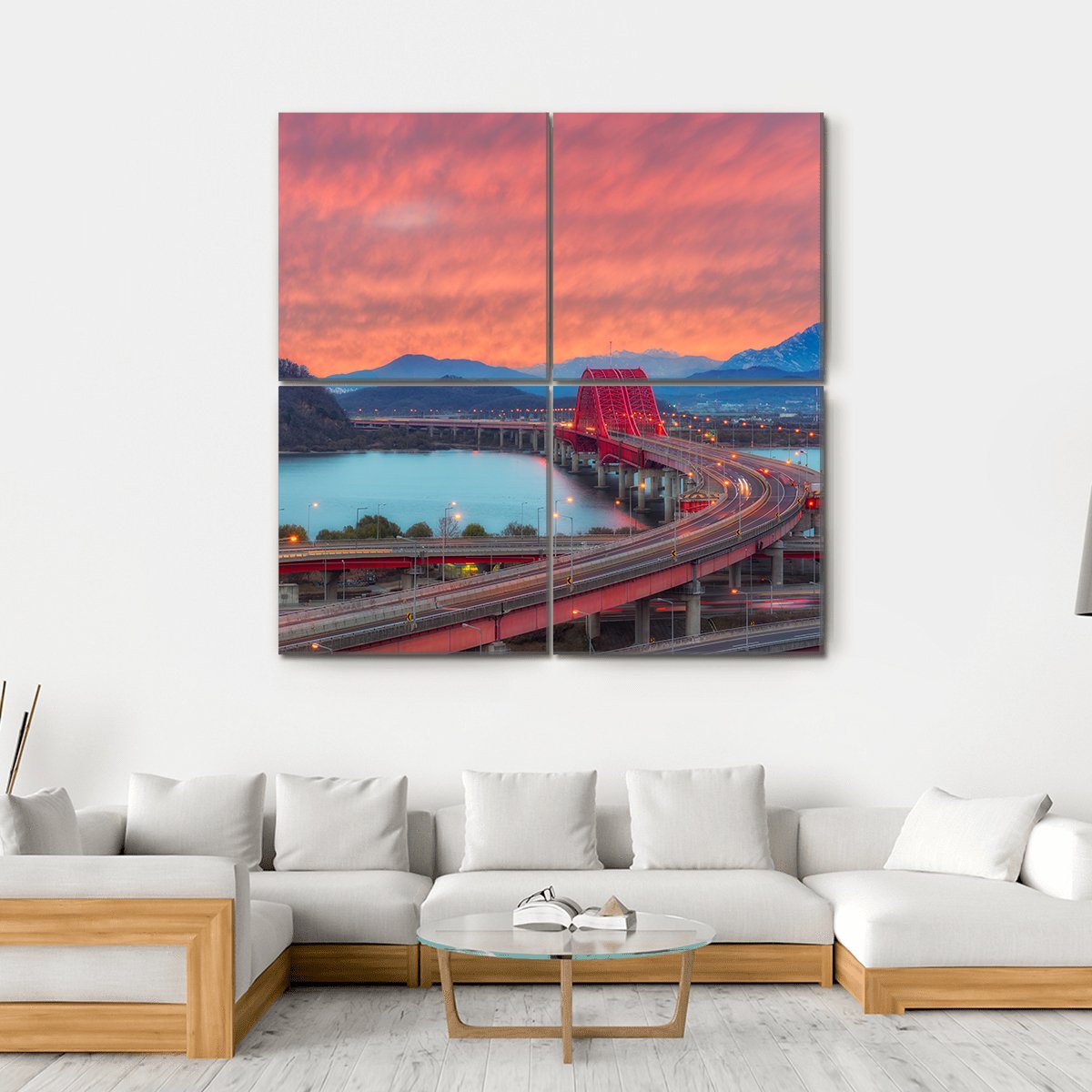 Sunset Of Banghwa Bridge At Seoul Canvas Wall Art-4 Square-Gallery Wrap-17" x 17"-Tiaracle