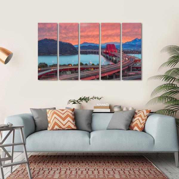 Sunset Of Banghwa Bridge At Seoul Canvas Wall Art-5 Horizontal-Gallery Wrap-22" x 12"-Tiaracle