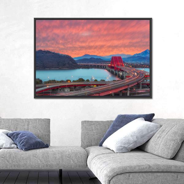 Sunset Of Banghwa Bridge At Seoul Canvas Wall Art-3 Horizontal-Gallery Wrap-25" x 16"-Tiaracle
