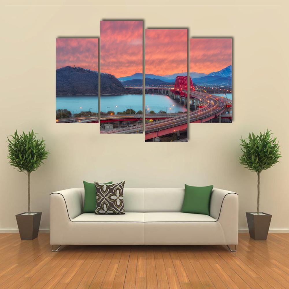 Sunset Of Banghwa Bridge At Seoul Canvas Wall Art-4 Pop-Gallery Wrap-50" x 32"-Tiaracle